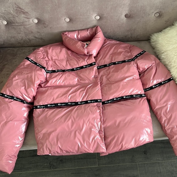 Champion Reverse Weave Pink Shiny Puffer Jacket - Picture 2 of 7